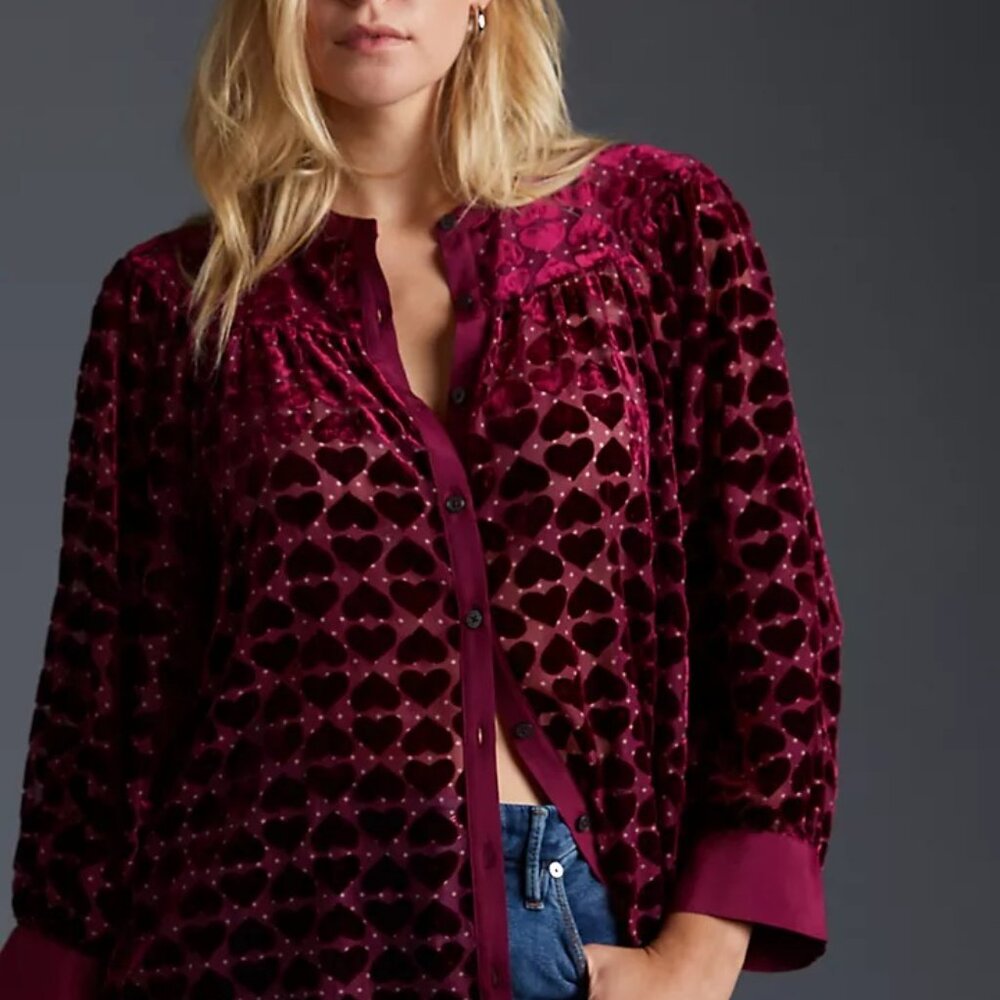 Anthropologie Maeve Velvet Burnout Blouse Heart Red Sheer Top